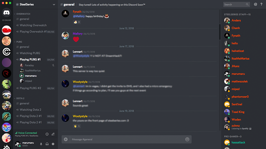 Screenshot of Discord desktop app with people chatting in voice channel
